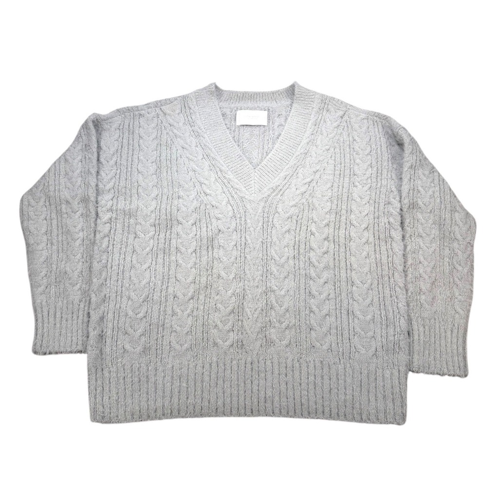 Lucky Brand Womens Small Gray Fuzzy Cable Knit V Neck Sweater Oversized Cozy